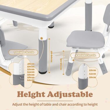Дитячий стіл зі стільцями, дитяча група меблів, регульована висота, HDPE & ABS, багатофункціональний ігровий стіл для дітей 2-10 років, ергономічний набір столу та стільця для дитячої кімнати (120*60 см, сірий)