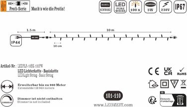 Професійний світлодіодний струнний світильник LEDZEIT, 10 м, 100 світлодіодів, розширюється, міцний, внутрішній/зовнішній, холодний білий, чорний