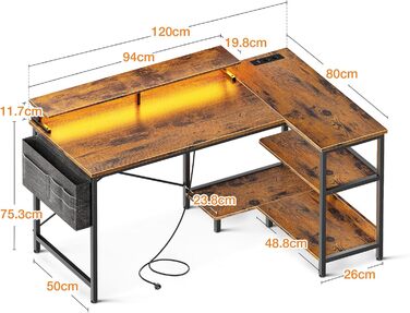 Ігровий стіл Coleshome L-подібний з LED-підсвіткою та розетками, 120x80 см, кутовий комп'ютерний стіл з полицею та підставкою для монітора, для офісу та домашнього кабінету, коричневий