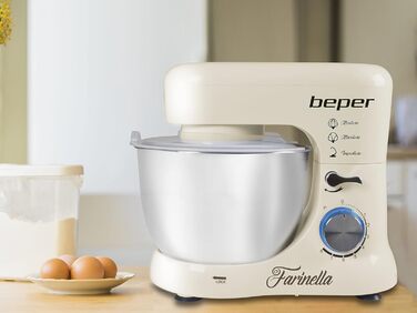 Міксер планетарний BEPER BP.200, 1000 Вт, 4.5 л, нержавіюча сталь, для замішування, подрібнення, приготування тіста, кремового кольору