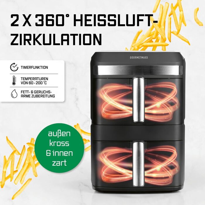 Фритюрниця повітряна GOURMETmaxx з двома камерами | 12 літрів | Airfryer з сенсорним дисплеєм