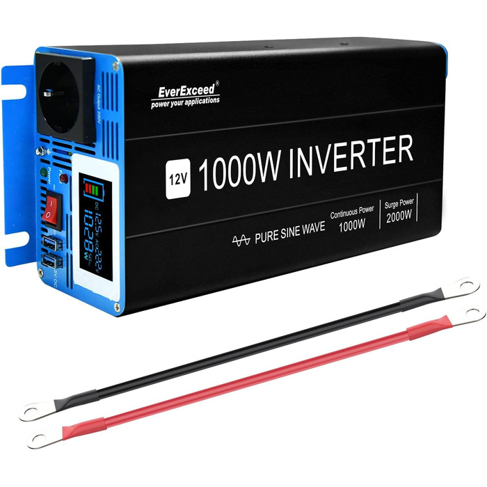 Інвертор 1000 Вт від 12 В до 230 В чистий синус, 1000 Вт інвертор від 12 В до 230 В для автофургонів, дому, вантажівки, інвертор від 12 В до 230 В з кабелями акумулятора, 2 USB та 1 розетка змінного струму, РК-дисплей
