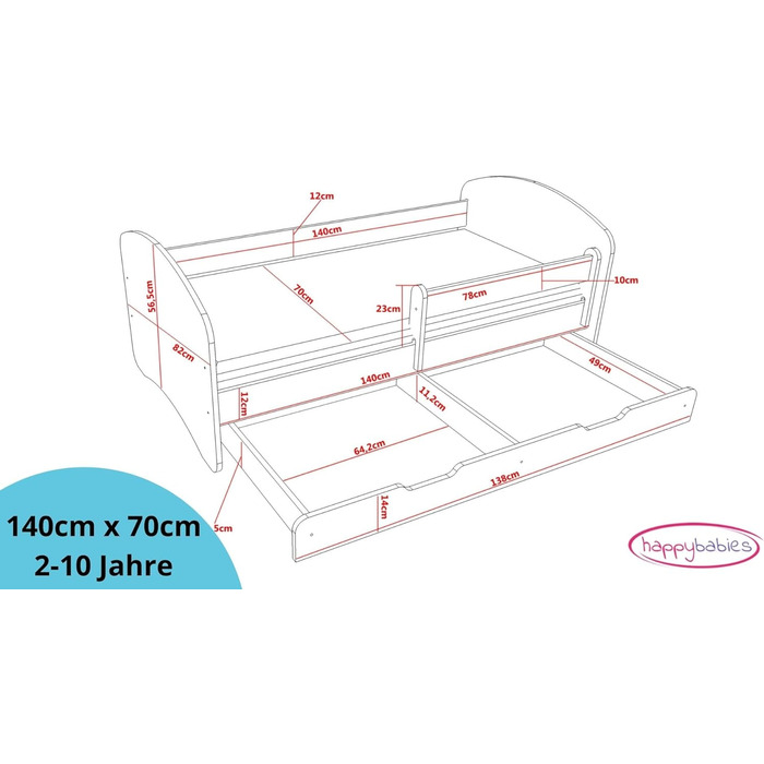 Дитяче ліжко Happy Babies із захистом від падіння з висоти Ліжко для дитячої кімнати 140x70 з матрацом Односпальне ліжко Дитяче Хлопчик Дівчатка Біле Дерево Коричневе (Біло)