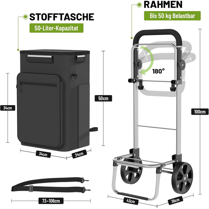 Візок для покупок 3в1, складаний 50 л, візок для покупок з охолоджувальним відсіком, знімна сумка, ідеально підходить для людей похилого віку, кемпінгу, подорожей, повсякденного життя, чорний