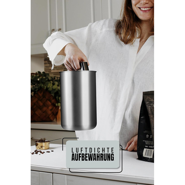 Контейнер для кави KC Kitchen & Co. на 1 кг з нержавіючої сталі, герметичний, з вакуумним клапаном, для кави, чаю, цукру, мюслі, білий матовий (2800 мл)
