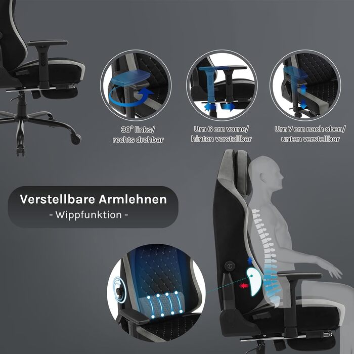 Ігровий крісло WOLTU, офісне крісло ергономічне, з інтегрованим м'яким наповнювачем, адаптивною підтримкою попереку, підніжкою, підлокітниками, оксамитовим покриттям, металевим каркасом, чорний + сірий, GS05szg Чорний+сірий Оксамит