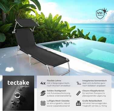 Шезлонг Tectake для саду з сонцезахистом, розкладний, для балкону/тераси, з регульованою спинкою, пляжний, до 110 кг, сірий