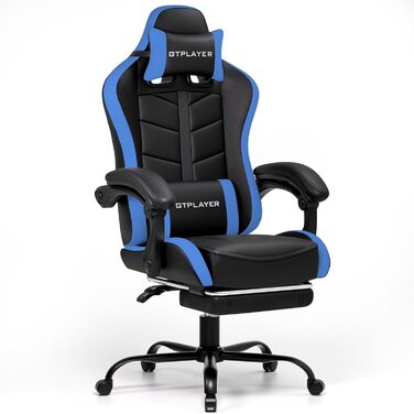 Ігровий крісло GTPLAYER з підніжкою, біло-блакитний, для геймерів, 150 кг, PU шкіра, ергономічний