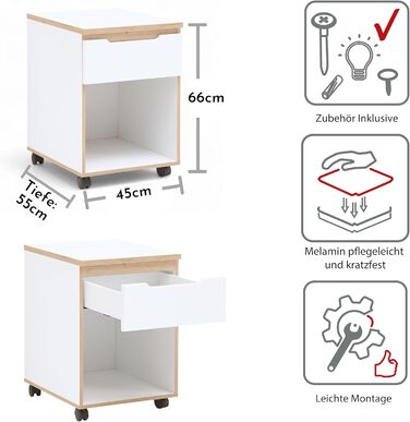 Роликовий контейнер Stella Trading Memphis для офісу - білий/декор Artisan Eiche, 45x66x55 см