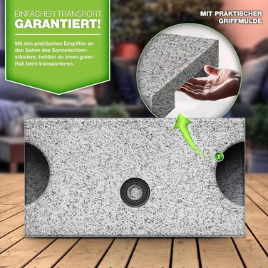 Підставка для парасольки Tillvex® Granit на колесах з ручкою для перенесення, 27 кг | Підставка для парасольки з нержавіючою сталею | Підставка для парасольки на балкон, діаметр 250 см, для стійок 16-48 мм (Прямокутна, сіра)