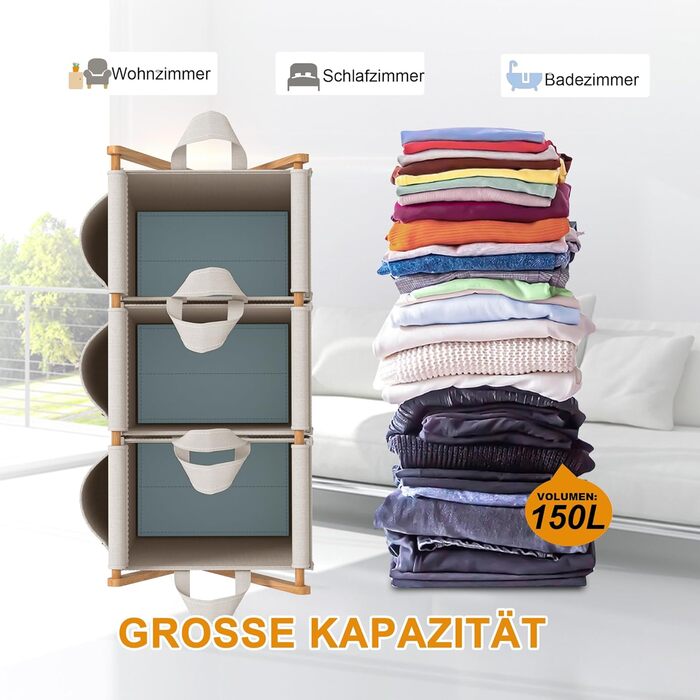 Кошик для білизни AdelDream з 3 відділеннями, 150л, бамбук, сірий