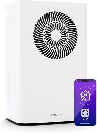 Зволожувач повітря Klarstein CircleDry 12L Smart з Wi-Fi, тихий 38dB, таймер 24г, безперервна злив, контроль вологості, для приміщень до 24м², білий