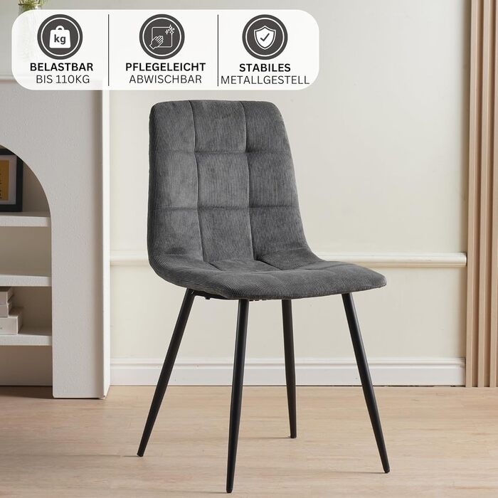 Стілець для їдальні ALBATROS Bora з оббивкою з корду, комплект з 4 шт, антрацит, вінтажний дизайн, витримує до 110 кг, м'який стілець для кухні, стілець до обіднього столу, оббивка з корду антрацитового кольору