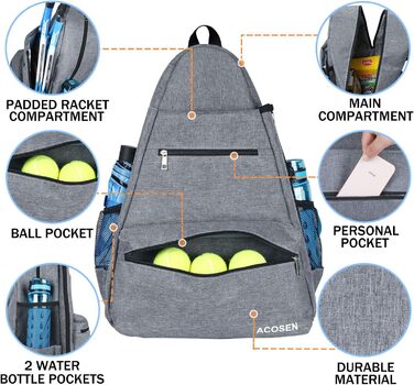 Тенісний рюкзак Acosen-великі жіночі та чоловічі тенісні сумки для тенісних ракеток, ракеток для піклболу, ракеток для бадмінтону, ракеток для сквошу, м'ячів та інших аксесуарів сірого кольору