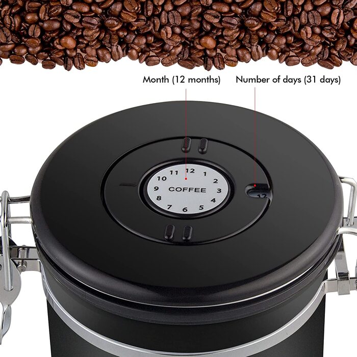 Герметичний кавовий контейнер об'ємом 1800 мл, з нержавіючої сталі, з мірною ложкою, для зберігання кавових зерен, чаю, горіхів.