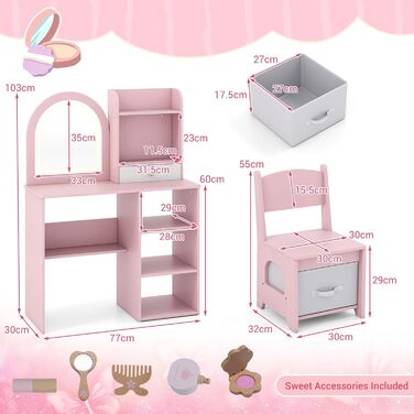 Дитячий туалетний столик LIFEZEAL 2 в 1 з дзеркалом та пуфом, рожевий, з ящиком та аксесуарами для дівчаток від 3 років