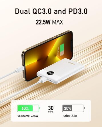 Зовнішній акумулятор Power Bank 10000mAh VEEKTOMX 22.5W Mini PD3.0 QC3.0 USB C для iPhone/Samsung тощо (білий)