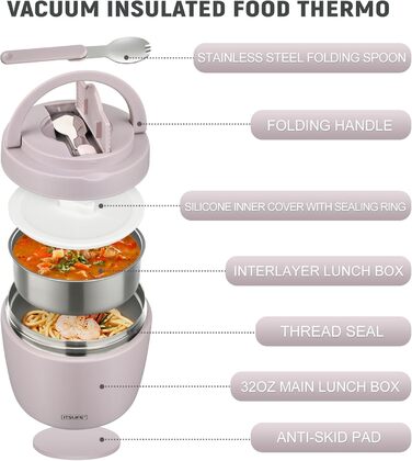 Термоконтейнер для їжі Itslife 970мл, термоконтейнер з кришкою, з нержавіючої сталі з ложкою, термотермос для їжі, ланчбокс для супів, дитячого харчування, каші (зелений) (фіолетовий)