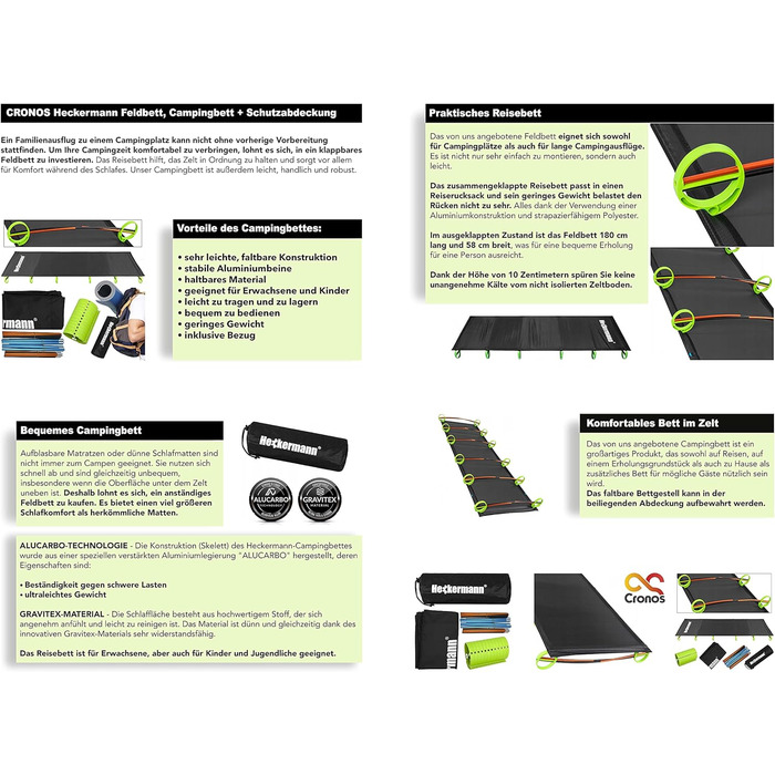 Похідне ліжко Cronos ORIGINAL Heckermann, кемпінгове ліжечко захисний чохол Модель RC-B-6A Camp - Матеріал Алюміній, поліестер (600D) - Складна конструкція - Технологія ALUCARBO
