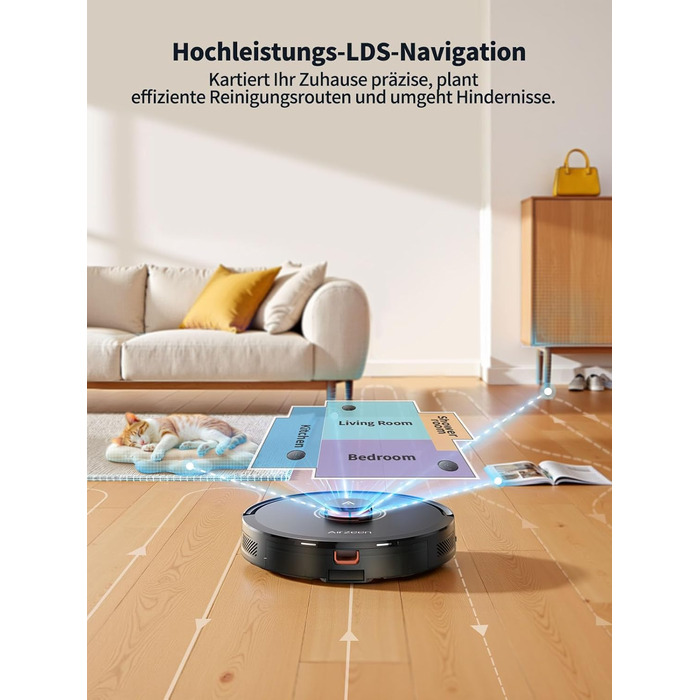 Робот-пилосос Airzeen Q10 Pro S з вологою, LiDAR-навігація, 5000Pa, для тварин, чорний
