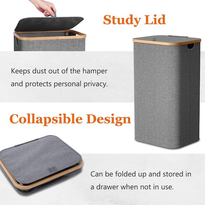 Кошик для білизни з кришкою, вузький, бамбукові ручки, внутрішня кишеня, складний, переносний, 95л, темно-сірий