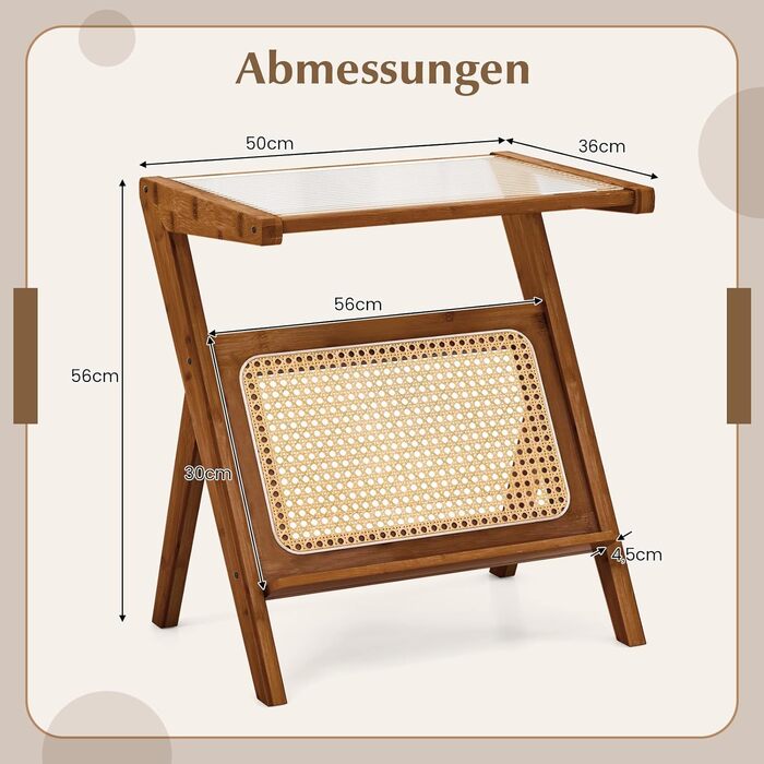 Журнальний столик COSTWAY, бамбуковий журнальний столик із тримачем для магазинів з ротанга, Z-подібний стіл для вітальні зі стільницею із загартованого скла, 50 x 36 x 56 см (горіх)