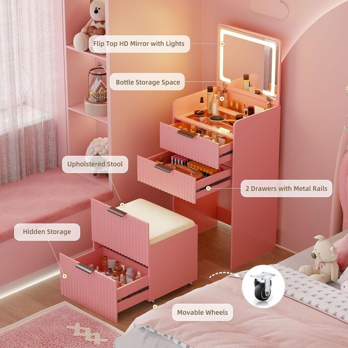Трюмо Lvifur з LED-дзеркалом та 3 шухлядами, кутовий, для спальні, квартири, гуртожитку, білий (рожевий)