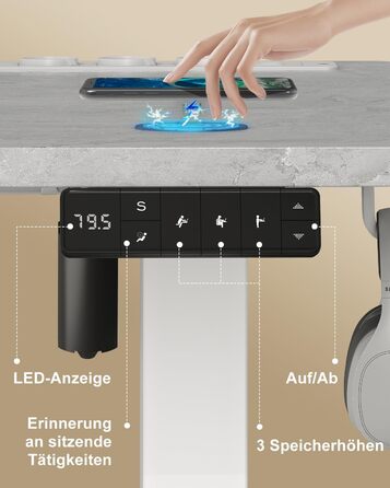 DEVOKO Стол для роботи з регулюванням висоти 140 x 70 см з розеткою, бездротовою зарядкою та USB – Електричний стіл для комп'ютера з функцією пам'яті та кабельною організацією – Ідеально для геймінгу та офісу, сірий 140 x 70 см