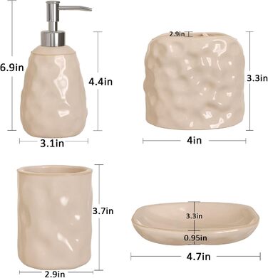 Набір аксесуарів для ванної кімнати Karisky керамічний дозатор для мила, тримач для зубних щіток, кружка, мильниця, бежева, 4 шт.