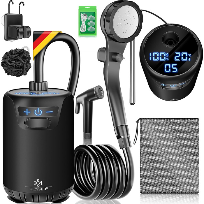 Соняшний душ KESSER® з насосом та акумулятором 8000mAh. Комплект для кемпінгу: регульована лійка, шланг 2м, пістолет-пульверизатор, кріплення. Без бака (Чорний/Чорний)