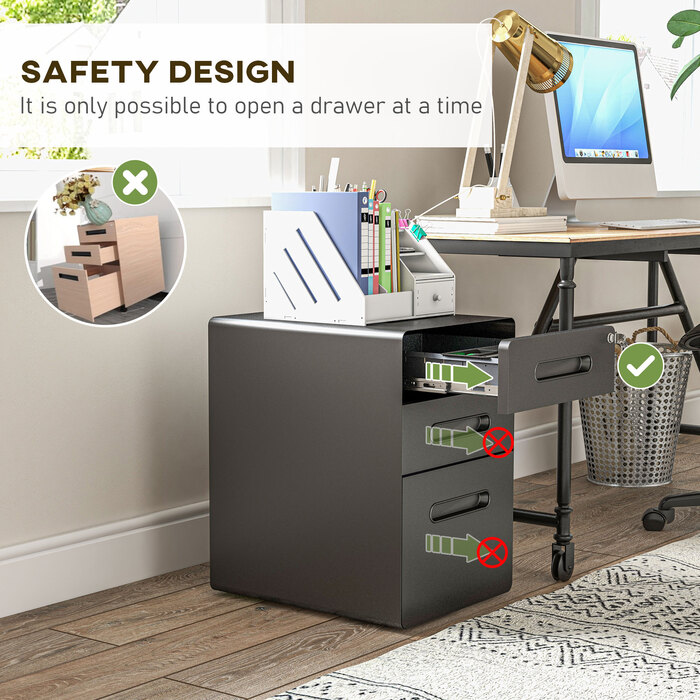 Мобільний ролконтейнер з 3 висувними ящиками, замикається на ключ, офісний шафчик з полицями для документів та відділенням для ручок. Організатор для офісу, підставка під письмовий стіл, нижня шафка для офісу, розміри 39x48x59 см, колір чорний.