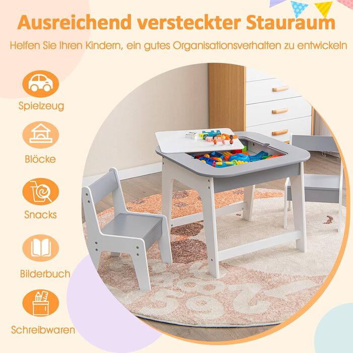 Дитячий стіл DREAMADE з 2 стільцями: комплект меблів для дитячої кімнати з двосторонньою стільницею та місцем для зберігання, 3-ох частинний набір для дітей від 3 років, підходить для дитячих кімнат та садочків (натуральний+білий) (сірий+білий)
