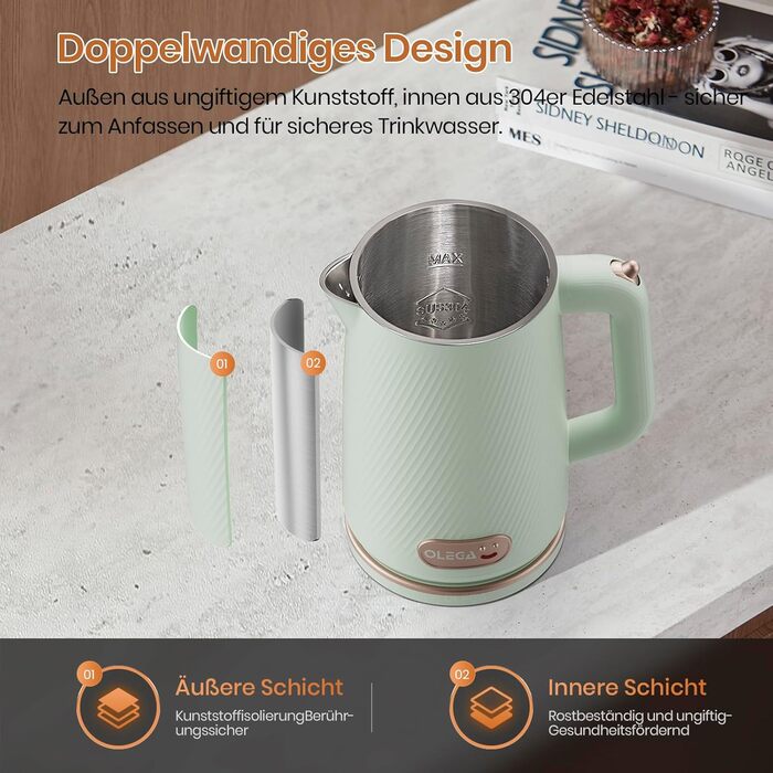 Електричний чайник OLEGA 1.8L, 1800W, з автоматичним відключенням та захистом від сухого кип'ятіння, нержавіюча сталь 304, без BPA, зелений