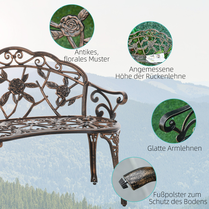 Металева лавочка для саду на 2 особи в ретро стилі з квітковим візерунком, 100 x 54 x 78 см, бронзового кольору