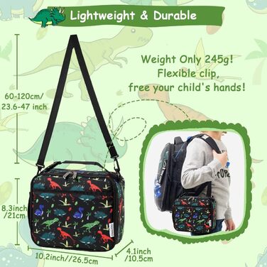 Дитяча сумка для ланчу Chase, ізольована сумка-холодильник, сумка для ланчу для хлопчиків і дівчаток з регульованою затискною ручкою, легка сумка для ланчу в школу, сумка для ланчу з зовнішнім тримачем для пляшок, чорний динозавр