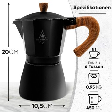 Кавоварка Schwarzwald Spirit підходить для індукційних плит, включаючи 2 чашки для еспресо - алюмінієва кавоварка для кавоварки на 6 чашок Кавоварка для еспресо