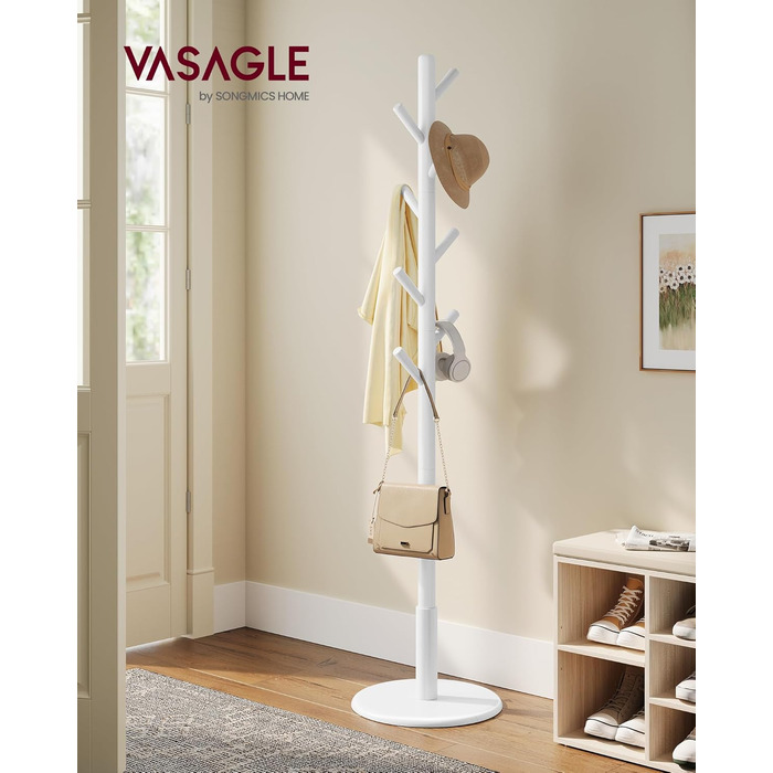 Стійка для одягу VASAGLE, дерев'яна, у формі дерева, з 8 гачками, для передпокою, RCR010B01 (Хмарний білий)