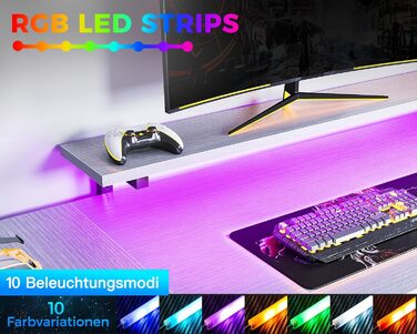 Кутовий стіл ODK з 4 шухлядами, місцем для зберігання, 2 розетками та 2 USB-портами для зарядки, з підсвічуванням LED та підставкою для монітора, 167×102 см, білий