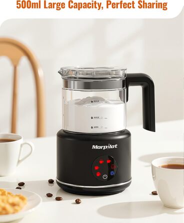 Електричний спінювач молока Morpilot 6-в-1, чорний, 130-500 мл, 600 Вт, для капучино, лате, гарячого шоколаду, миється у посудомийній машині