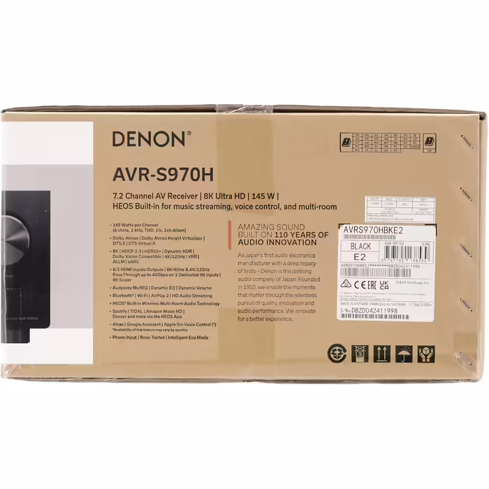 Denon AVR-S970H AV-ресівер 7.2, Hi-Fi підсилювач з Dolby Atmos, DTS:X, 8K HDMI, Bluetooth, Wi-Fi, AirPlay 2, HEOS, Alexa, чорний