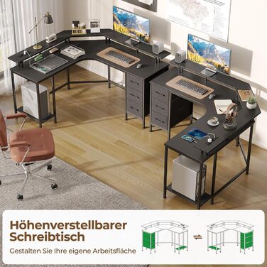 Ігровий кутовий стіл Seventable L-подібний з LED підсвіткою та розетками, 3 ящики, чорний 135x135x88 см