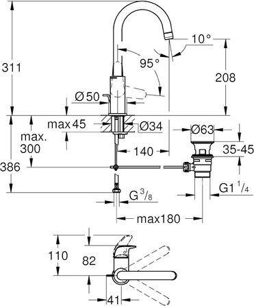 Змішувач для ванної кімнати GROHE Swift, високий, водозберігаючий, хром, 31 см, з інструментом 3-в-1, для встановлення на раковину