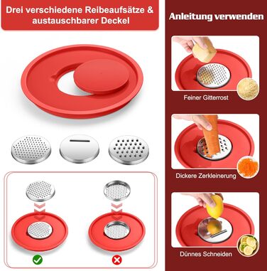 Набір мисок Homikit, 5 шт. з нержавіючої сталі, з кришкою та силіконовим дном, мультифункціональний, для салатів, 6.6L / 3.5L / 2.5L / 1.5L / 1L (червоний, з 3 тертками)