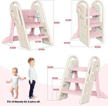 Дитячий підсходильник Onasti Tritthocker, регульована висота, 3 сходинки, з ручками, складний, анти-ковзний, для кухні, ванної кімнати, умивальника та туалету (Сірий) Сіро-білий (Рожевий)
