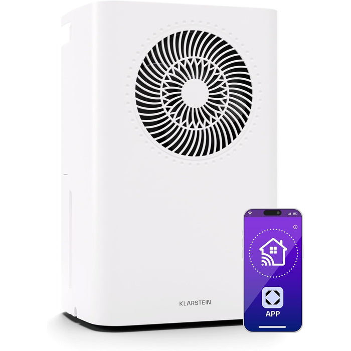 Зволожувач повітря Klarstein CircleDry 12L Smart з Wi-Fi, тихий 38dB, таймер 24г, безперервна злив, контроль вологості, для приміщень до 24м², білий