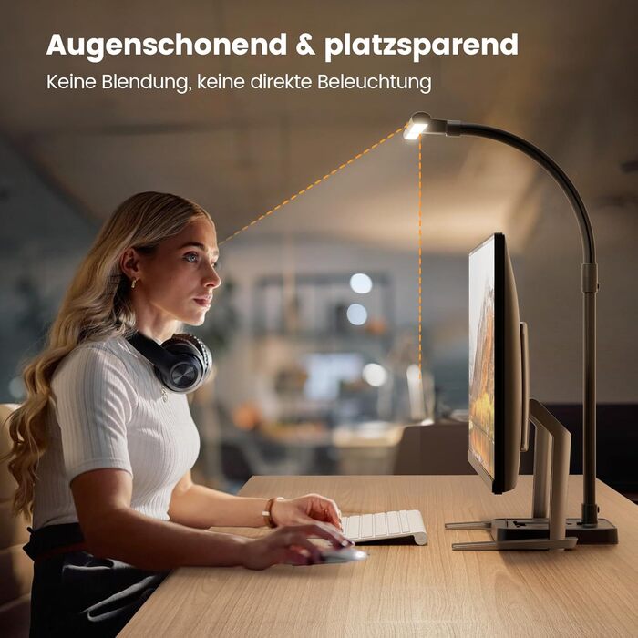 LED настільна лампа Doppelkopf з регулюванням яскравості, 24W, 80см, з кріпленням, денне світло, гнусий шийка, для офісу, захист очей, з підставкою для телефону, чорна