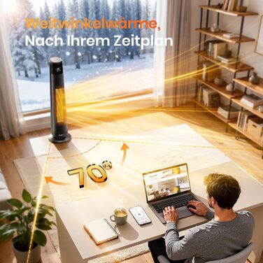 Електричний обігрівач PTC 2000W з керамічним нагрівачем, тихий, з термостатом та пультом дистанційного керування, ECO режим, 70° осциляція, 12h таймер, захист від перегріву та перекидання, чорний, 1 шт.