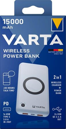 Бездротовий зарядний пристрій VARTA 2in1, 15000 мАг, LED-дисплей, заряджає 4 пристрої, в т.ч. кабель USB-C, білий