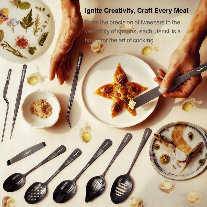 Набір кухонних аксесуарів 11 в 1, професійний, з нержавіючої сталі, чорний | Кухоль, лопатка, ложка, прес-пап'є