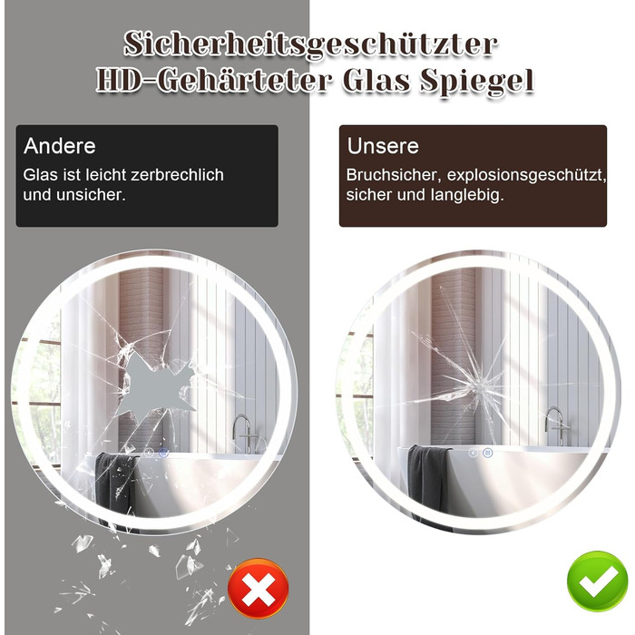 Дзеркало для ванної кімнати Mursche з підсвічуванням LED, 50x70 см, IP44, сенсорний вимикач, годинник, антизапарник, регулювання яскравості 3000K-6500K